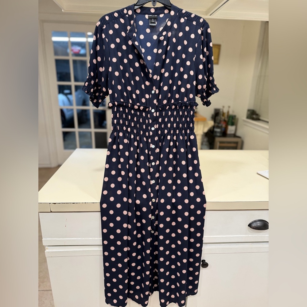 Navy Polka Dot Smocked Waist Midi Dress - Unknown Brand